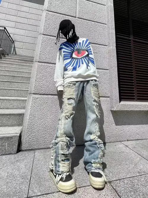 Jean grunge flared hiphop damaged ripped pants Size US 28 / EU 44 - 4 Thumbnail