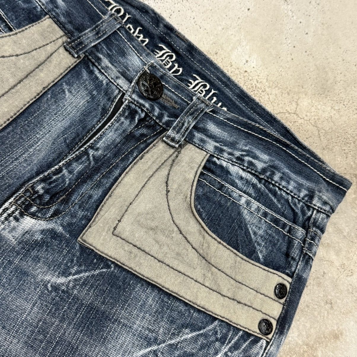 Japanese Brand Blow By Blue Crazy Y2K Whisker Washed Denim Pants Size US 31 - 8 Thumbnail