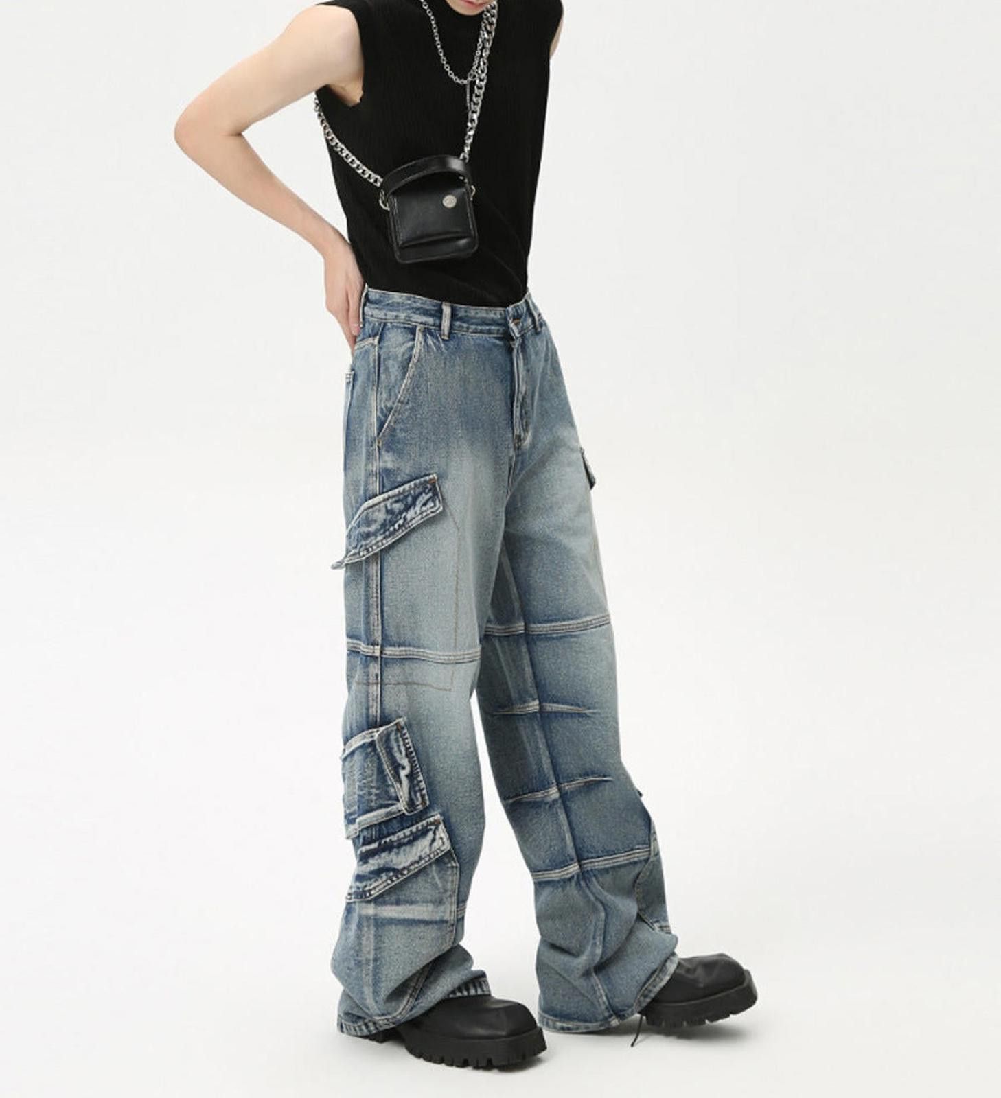 Japanese Brand Light Blue Cargo Denim Jeans, Loose Fit Wide Leg Jeans Size US 30 / EU 46 - 2 Thumbnail
