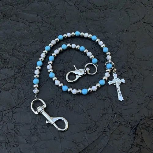 Jewelry Blue Beaded Cross Wallet Chain, Belt Chain, Pants Chain Size ONE SIZE - 1 Thumbnail