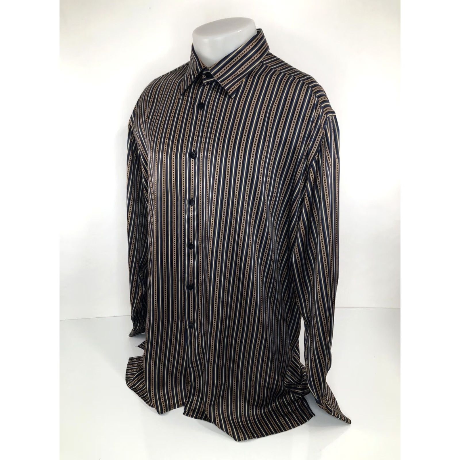 Vintage Bernini / Beverly Hills / Italy - Silk Stripe Shirt - 2XL - Blue / Gold / Black - Button-Up, Long Sleeve, Men Size US XXL / EU 58 / 5 - 3 Thumbnail