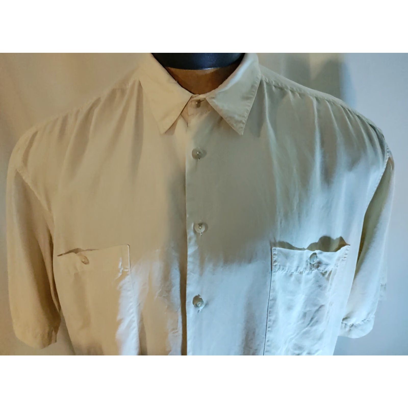 Burma Bibas Men ivory silk button front short sleeve casual dress shirt XL  MINT - threedaughtersproperties.com