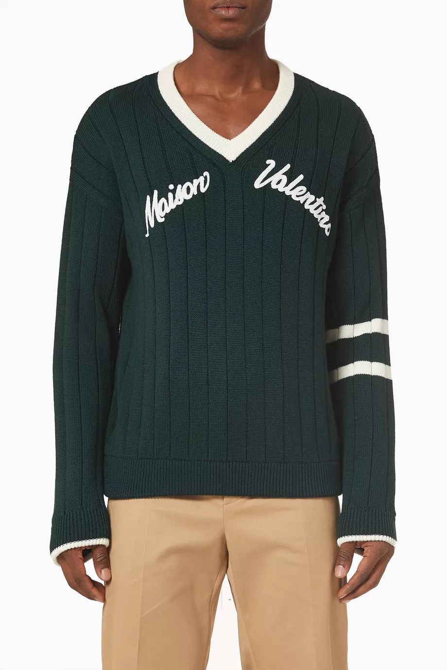 Valentino o1y0525 Logo V-neck Sweater in Dark Green Size US M / EU 48-50 / 2 - 1 Thumbnail