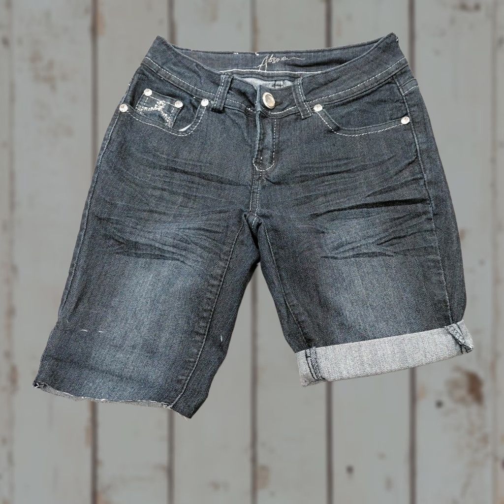 Vintage At Seven 7 Shorts Jeans Junior's Size 1 Blue Skinny Dark Wash Denim Bling Rhinestone Logo 5-Pocket Design Regular Fit Boys Girls Teens Vintage No Size 25" / US 0 / IT 36 - 1 Thumbnail