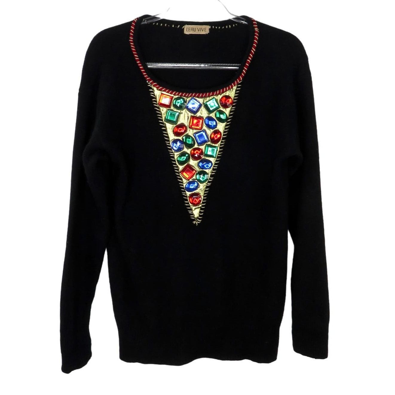 Vintage 80s Vintage Black Sweater Rainbow Chunky Rhinestones Medium Size M / US 6-8 / IT 42-44 - 1 Thumbnail
