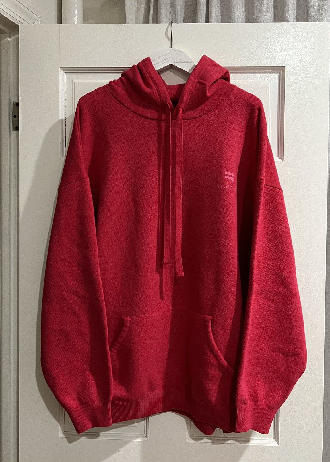 image of Balenciaga Cashmere Sporty B Cozy Knit Hoodie In Red, Men's (Size XL)