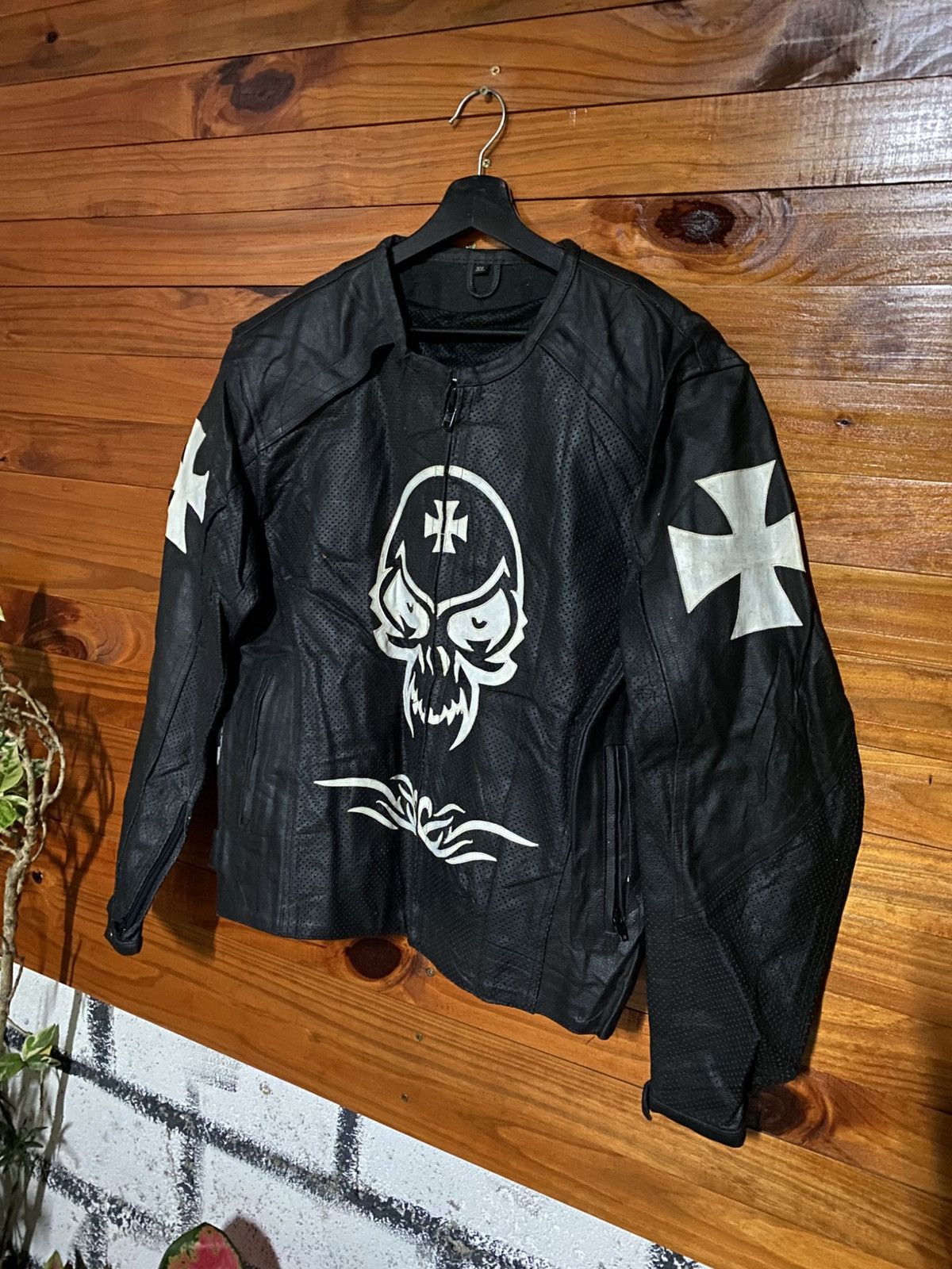 Japanese Brand SRAI Moto Black Leather Skull Jacket – Gothic Cross Tribal Size US L / EU 52-54 / 3 - 4 Thumbnail