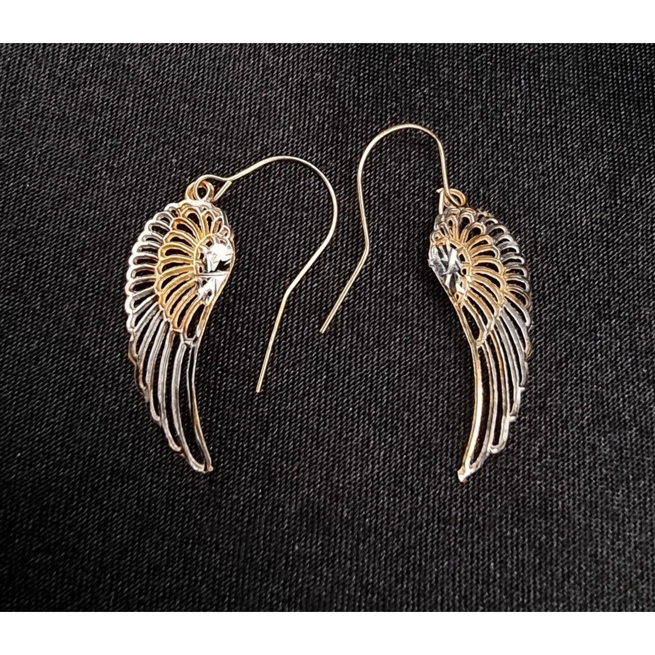 Vintage 10K Solid Gold Angel Wing Drop Earrings With Crystal Accents Size ONE SIZE - 1 Thumbnail