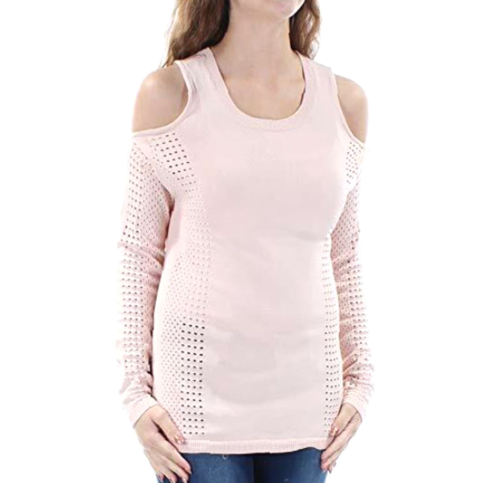 Bar III Bar III Cold-Shoulder Sweater Womens Pullover Ballet Pink XS Perforated Long Sleeve Size XS / US 0-2 / IT 36-38 - 3 Thumbnail