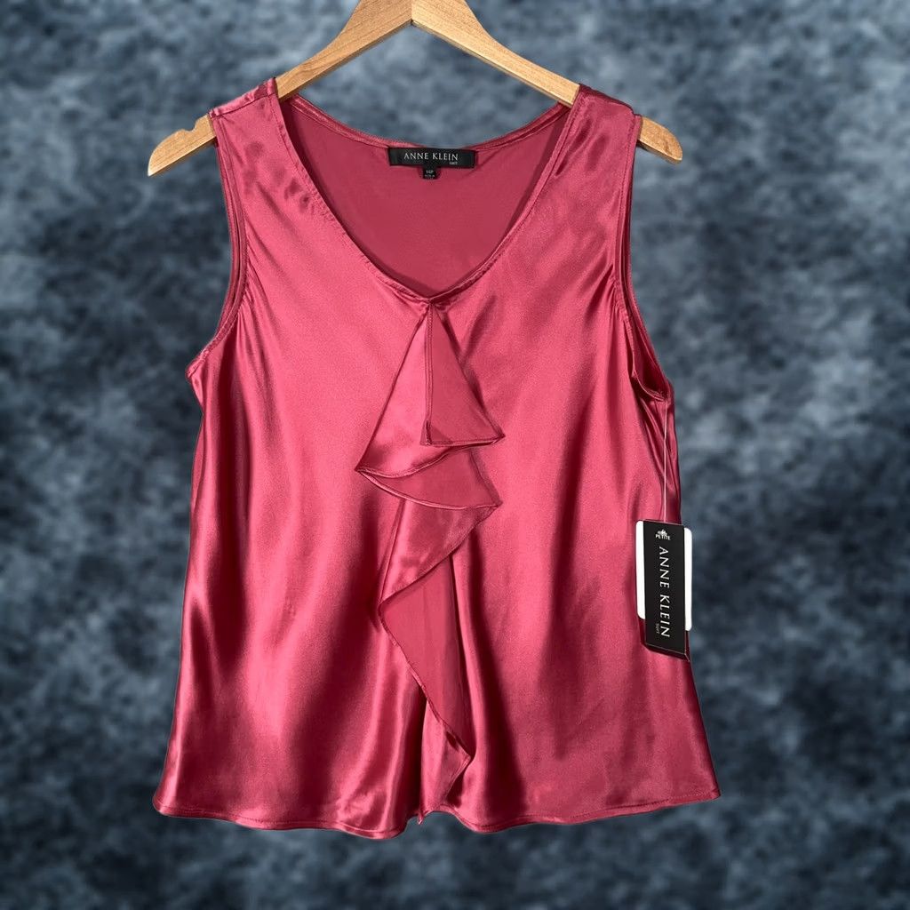 Anne Klein Anne Klein Silk Tank Camisole Womens 14P Pink Ruffle Front Satin Top Cami Sleeveless V-Neck Petite Size XL / US 12-14 / IT 48-50 - 1 Thumbnail