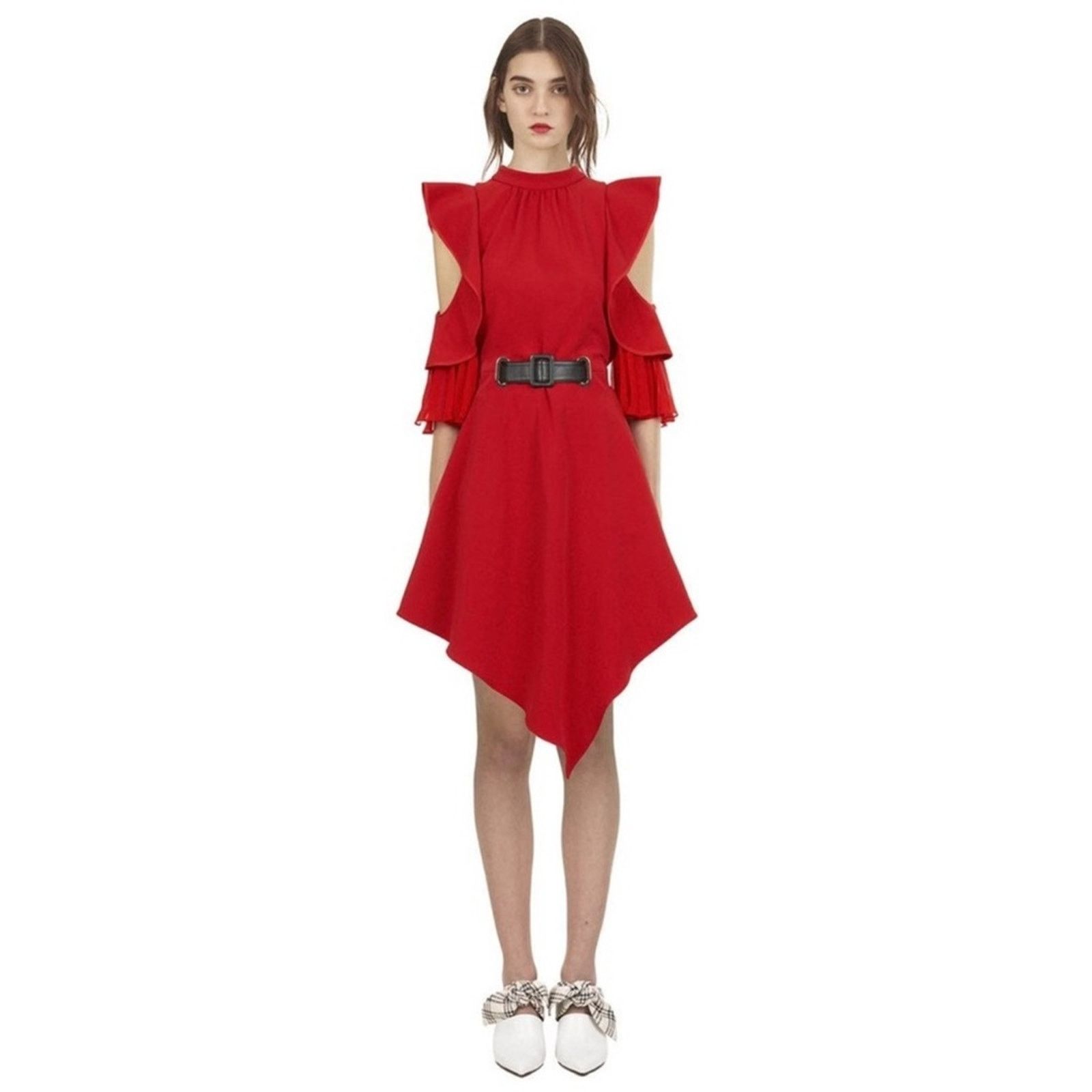 Self-Portrait Self-Portrait Asymmetrical Jersey Red Ruffled Sleeve Dress 4 Size S / US 4 / IT 40 - 1 Thumbnail