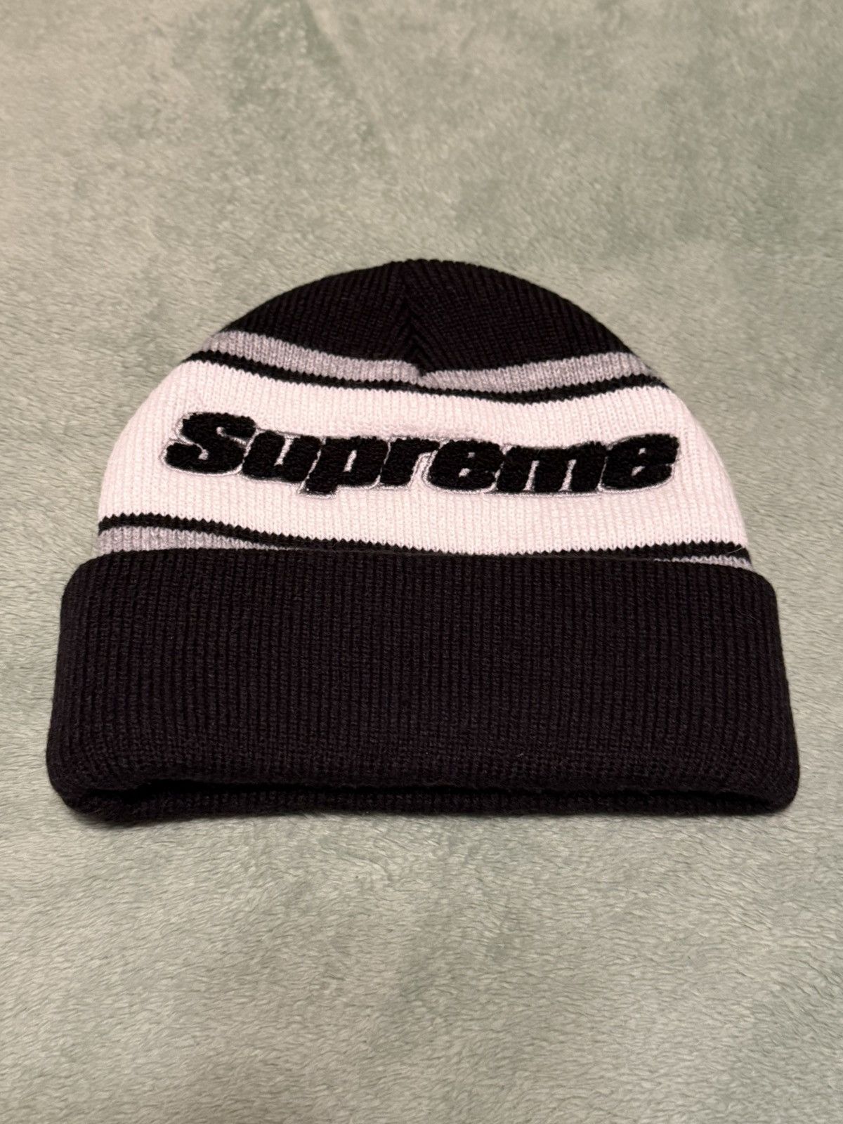 Supreme Chenille Striped Black Beanie