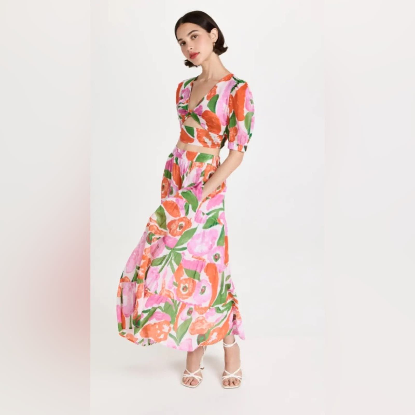 image of Banjanan Agatha Floral Skirt High Waisted Aline Ankle Length in Pink, Women's (Size 26)