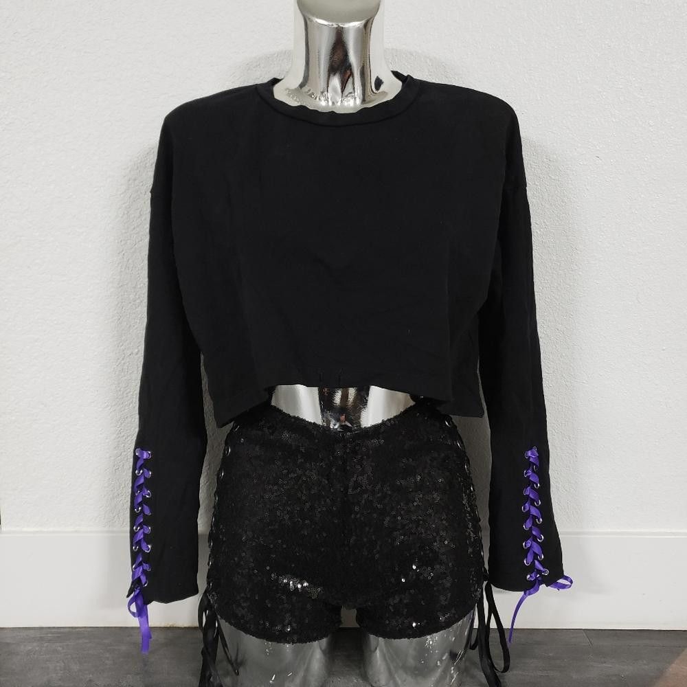 Designer Black Violet Ribbon Detailed HC Long Sleeve Size L / US 10 / IT 46 - 1 Thumbnail