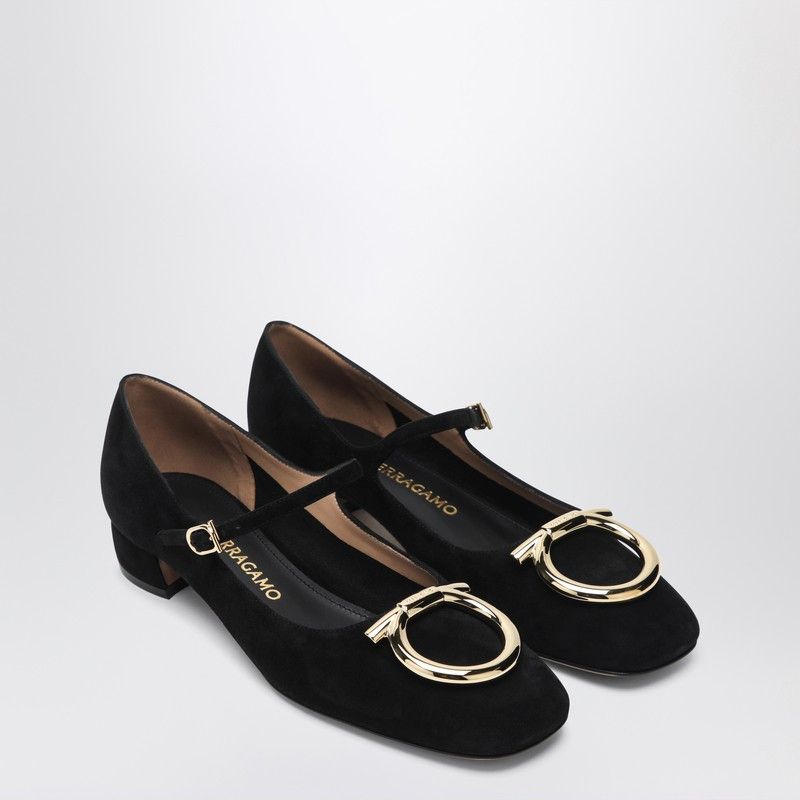 Salvatore Ferragamo Ferragamo Black Gancini Heeled Ballerina In Suede Size US 5 / IT 35 - 1 Thumbnail
