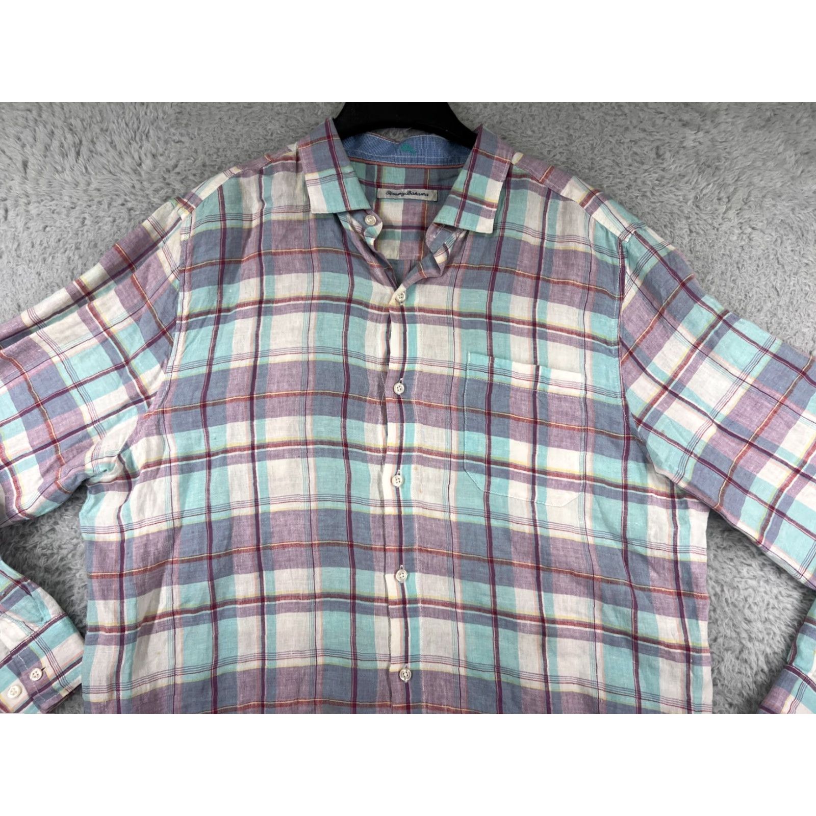 Tommy Bahama Tommy Bahama Shirt Mens Large Teal Red Plaid Pastel 100% Linen Button Up Size US L / EU 52-54 / 3 - 5 Thumbnail