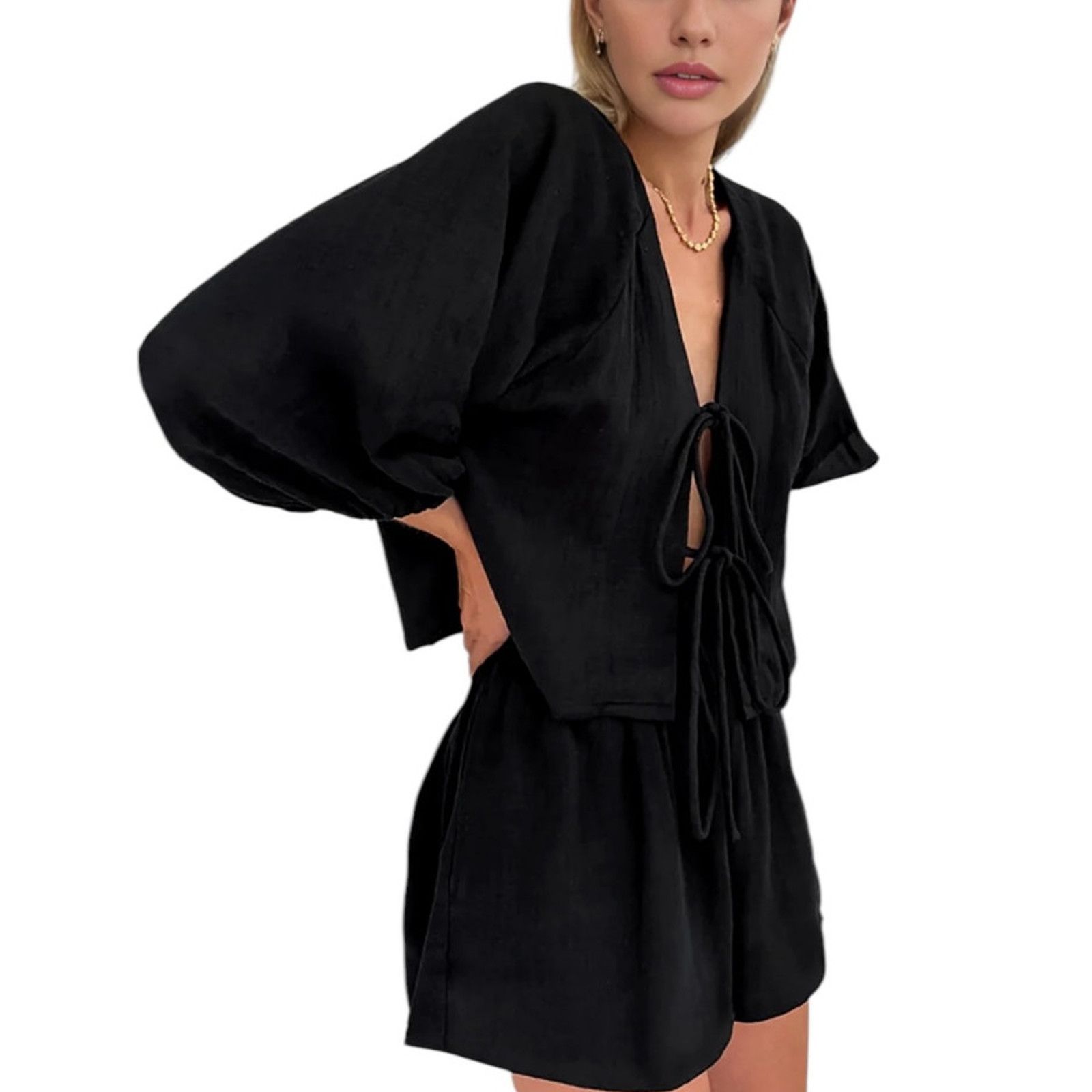 Other Commense Women Black Cotton Tie-Front Long Sleeve Shorts Set Size 26" / US 2 / IT 38 - 1 Thumbnail