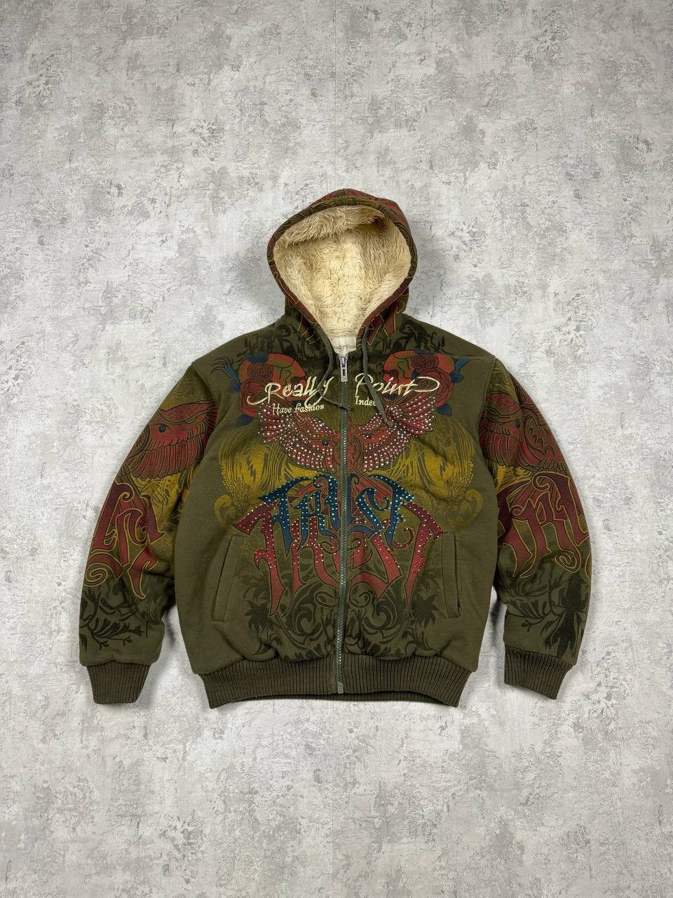 image of Christian Audigier x Ed Hardy Really Point Fur Zip Hoodie Edhardy Style Teddy Vintage Y2K (Size Lar