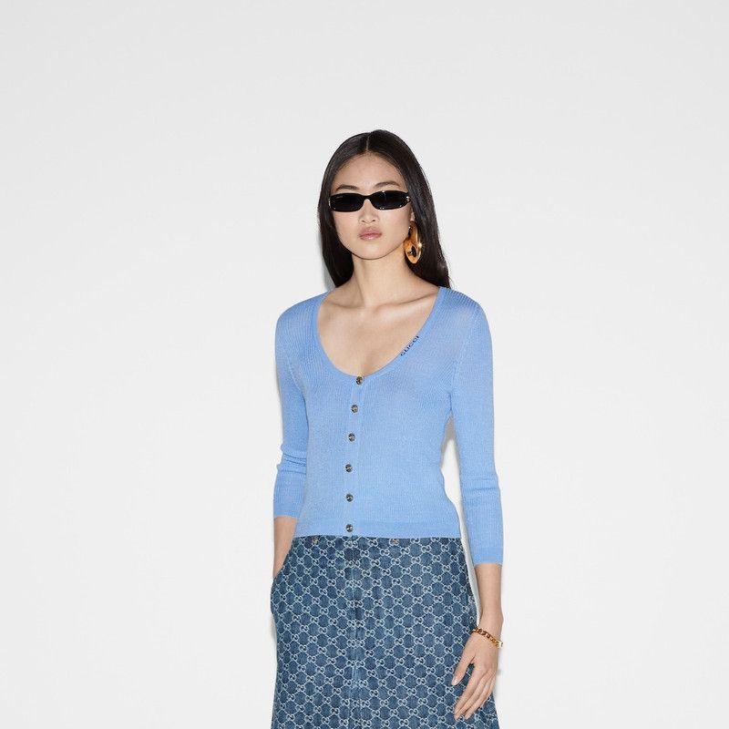 Gucci oc11z1125 Extra Fine Rib Wool and Silk Cardigan in Pale Blue Size XXL / US 16-18 / IT 52-54 - 2 Thumbnail