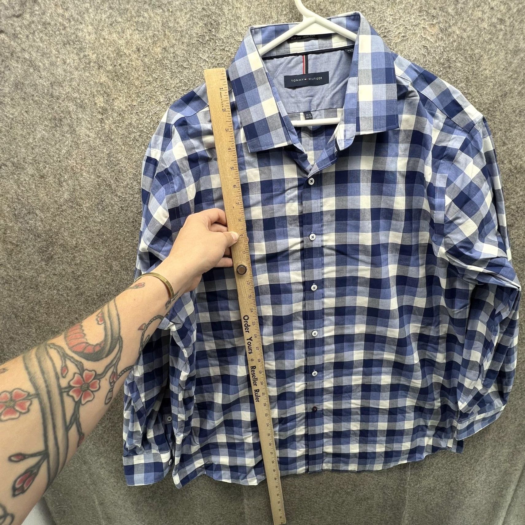 Tommy Hilfiger Tommy Hilfiger Dress Shirt Mens 17.5 32/33 Blue Check Slim Non Iron Long Sleeve Shirt Mens Size 48R - 4 Thumbnail