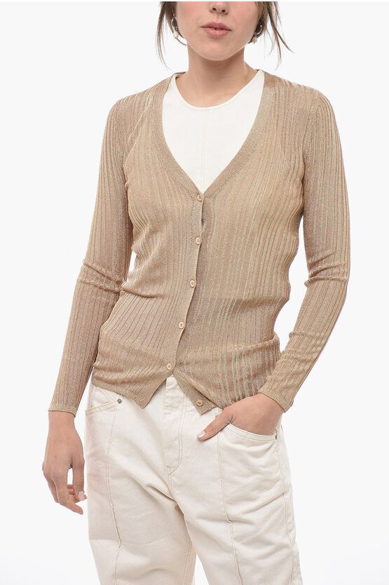 image of Prada V Neck Lamè Viscose Blend Cardigan in Gold, Women's (Size Small)