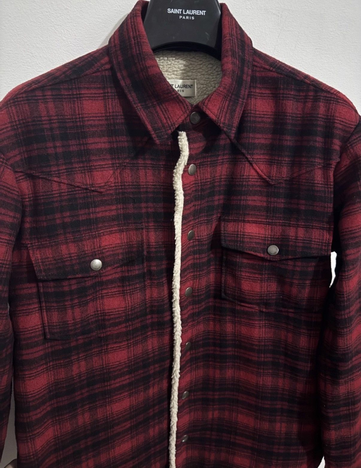 Saint Laurent Paris SLP 20FW Black and Red Plaid Pocket Sheepskin-Lined Shirt Size US S / EU 44-46 / 1 - 3 Thumbnail