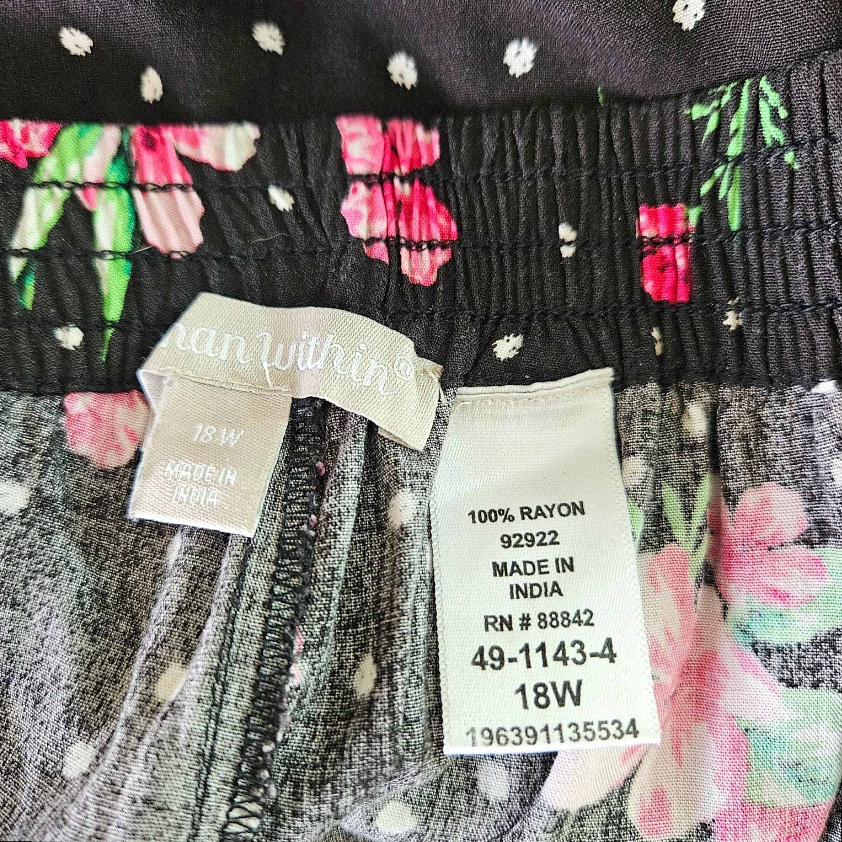 Vintage Woman Within Womens Pants 18W Black Pink Floral Rayon Pull On Pants Womens Trousers Plus Size 18W Size 40" / US 18 - 6 Thumbnail