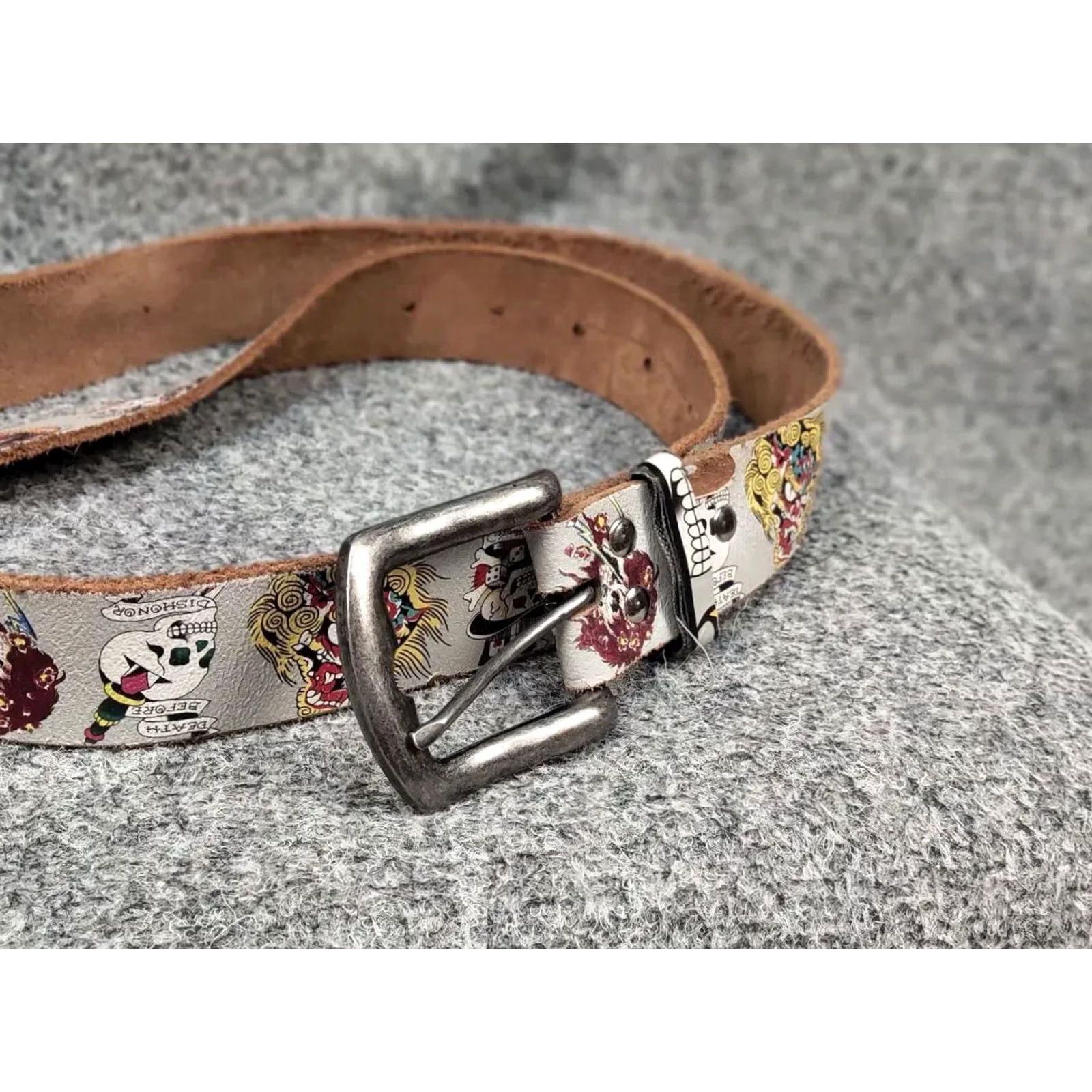 Ed Hardy VINTAGE Ed Hardy Belt Men Leather Brown One Size 90s Y2K Studded Logo Buckle Leather Size ONE SIZE - 4 Thumbnail