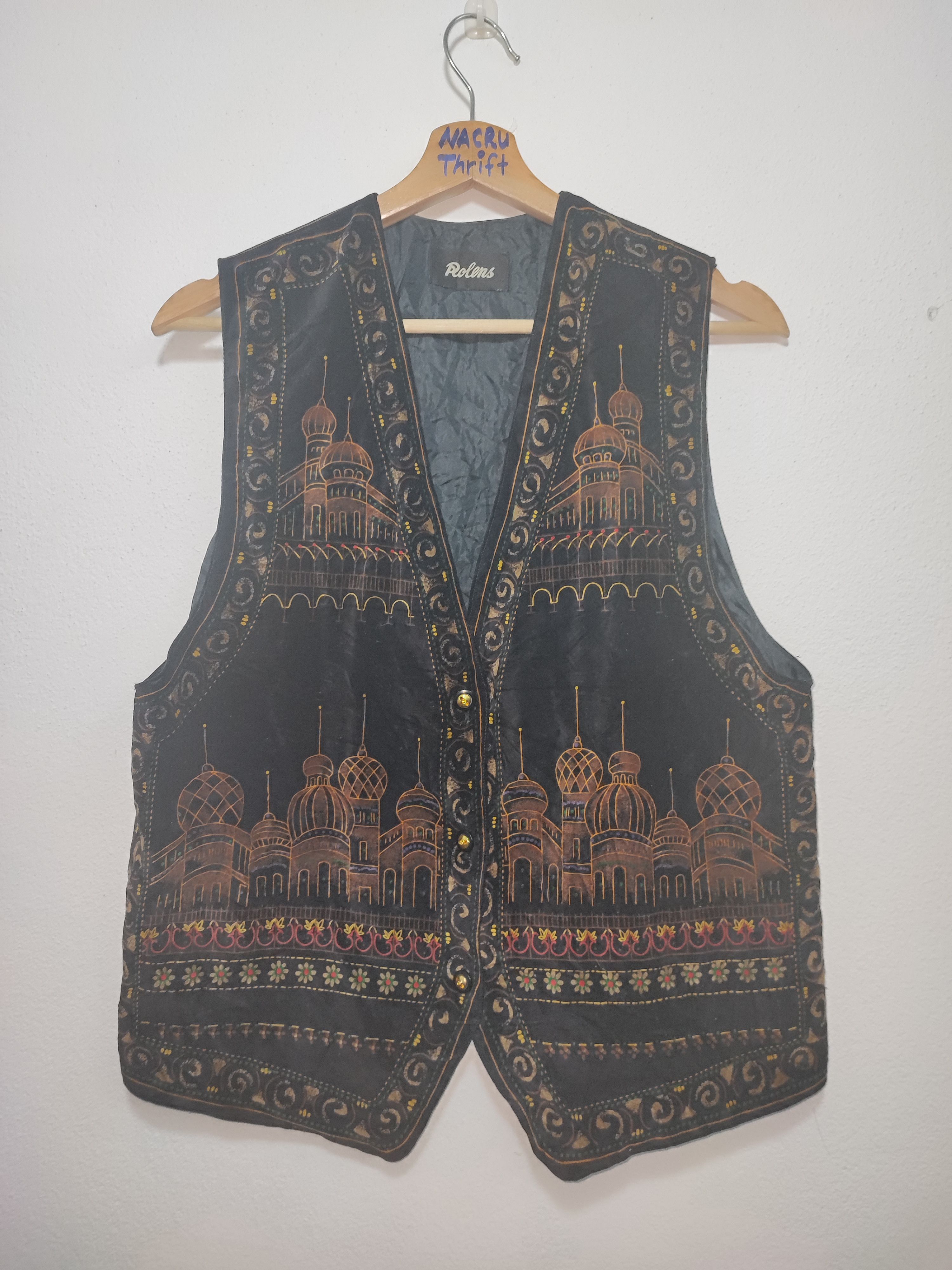 Japanese Brand Rolens Velvet Vest Silk Building Print Rare Design Size US M / EU 48-50 / 2 - 1 Thumbnail