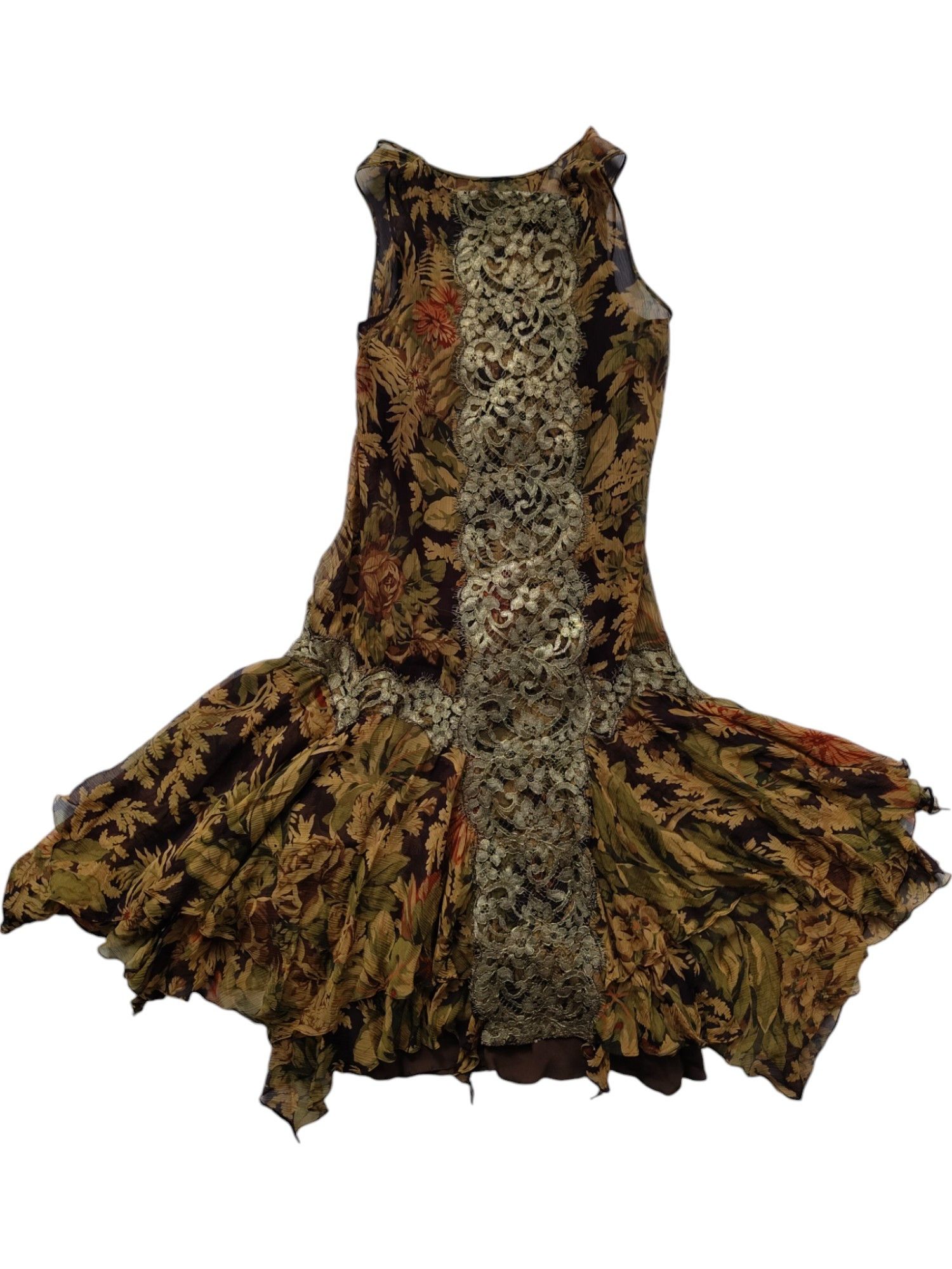 Ralph Lauren Floral Overall Printed Silk Dress With Gold Lace Detail Size XS / US 0-2 / IT 36-38 - 2 Thumbnail