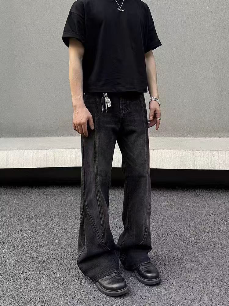 Japanese Brand × Jean Washed Black Spliced Micro Flare Straight Leg Jeans Size US 30 / EU 46 - 2 Thumbnail