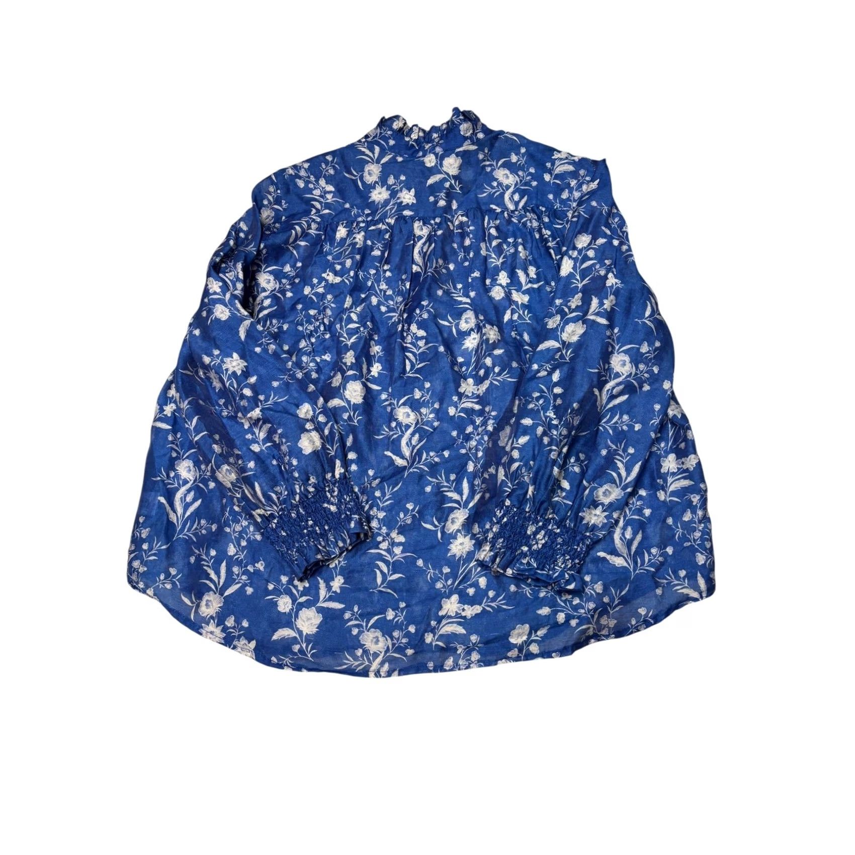 Vintage Tuckernuck Blue Floral Blouse Lyocell Linen V-Neck Ruffle Cuff Womens L Blouse Size L / US 10 / IT 46 - 5 Thumbnail