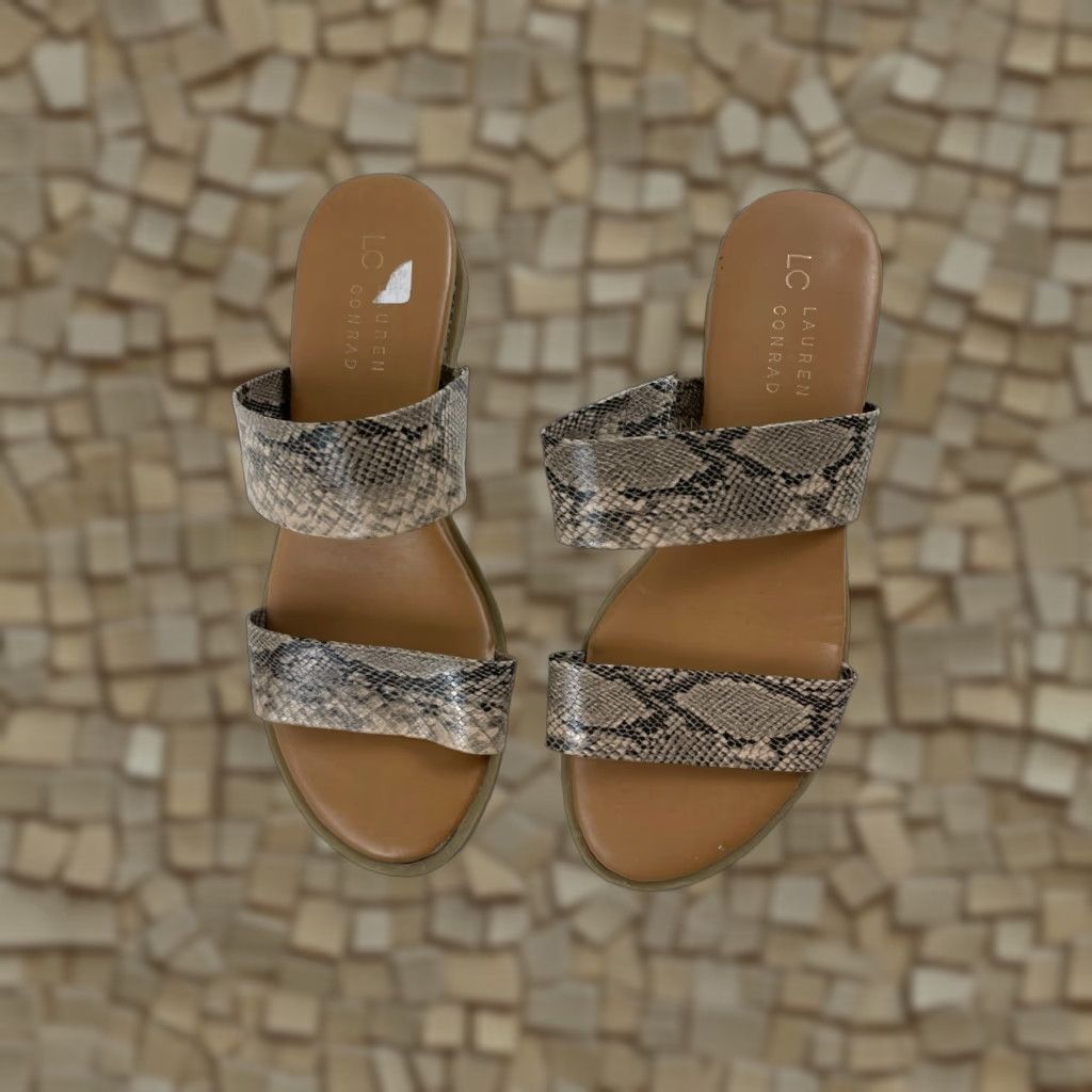 Vintage LC Lauren Conrad Sandals Women's 7? Sandals Open Toe Snake Print Strap Flat Shoes Zipper? No, Slip On? (Adjust to 7/7.5) Size US 7 / IT 37 - 1 Thumbnail