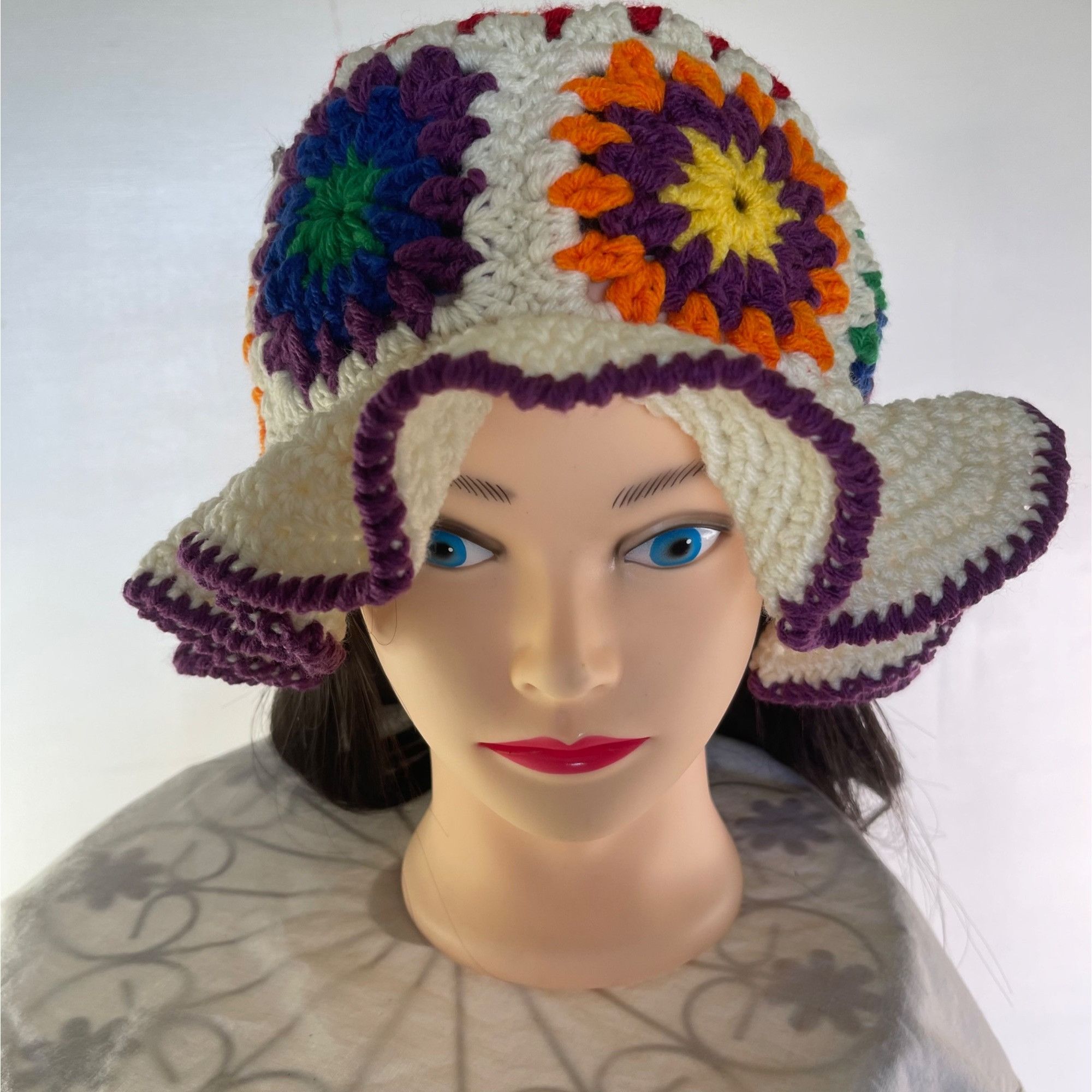 Handmade Crochet Bucket Hat Granny Square in Rainbow Colors and Off-W Size ONE SIZE - 3 Thumbnail