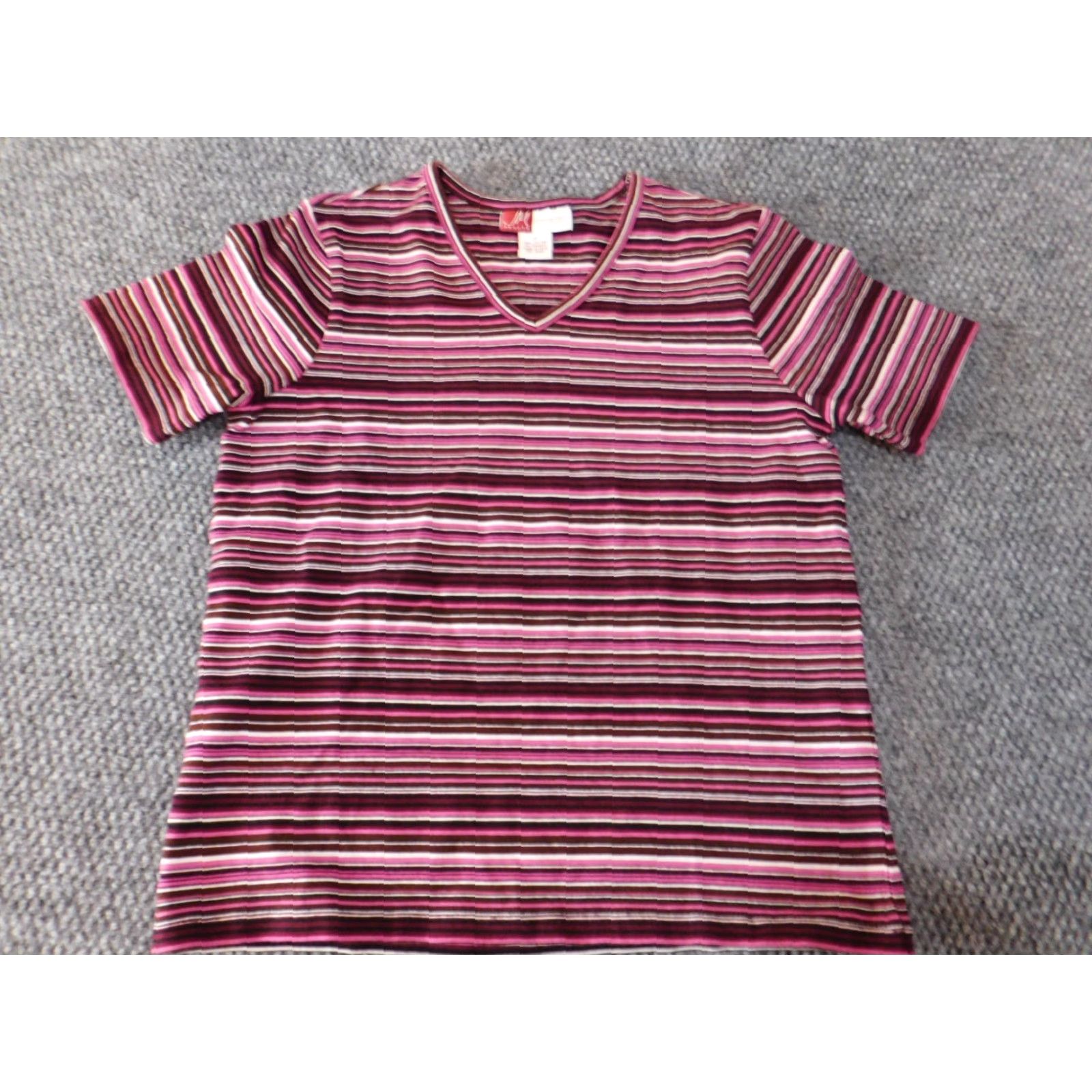 JM Collection JM Collection Shirt Petite Women V-Neck Stretch Tee Purple Striped Short Sleeve Pullover Casual Knit Cotton Spandex 0P Womens Size XS / US 0-2 / IT 36-38 - 2 Thumbnail