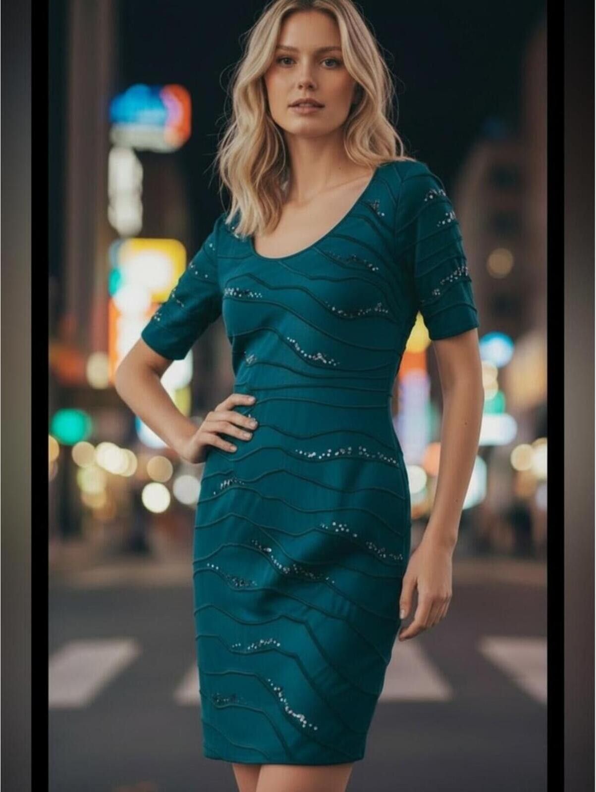 Other Tadashi Shoji Teal Embellished Sheath Dress Size M / US 6-8 / IT 42-44 - 1 Thumbnail