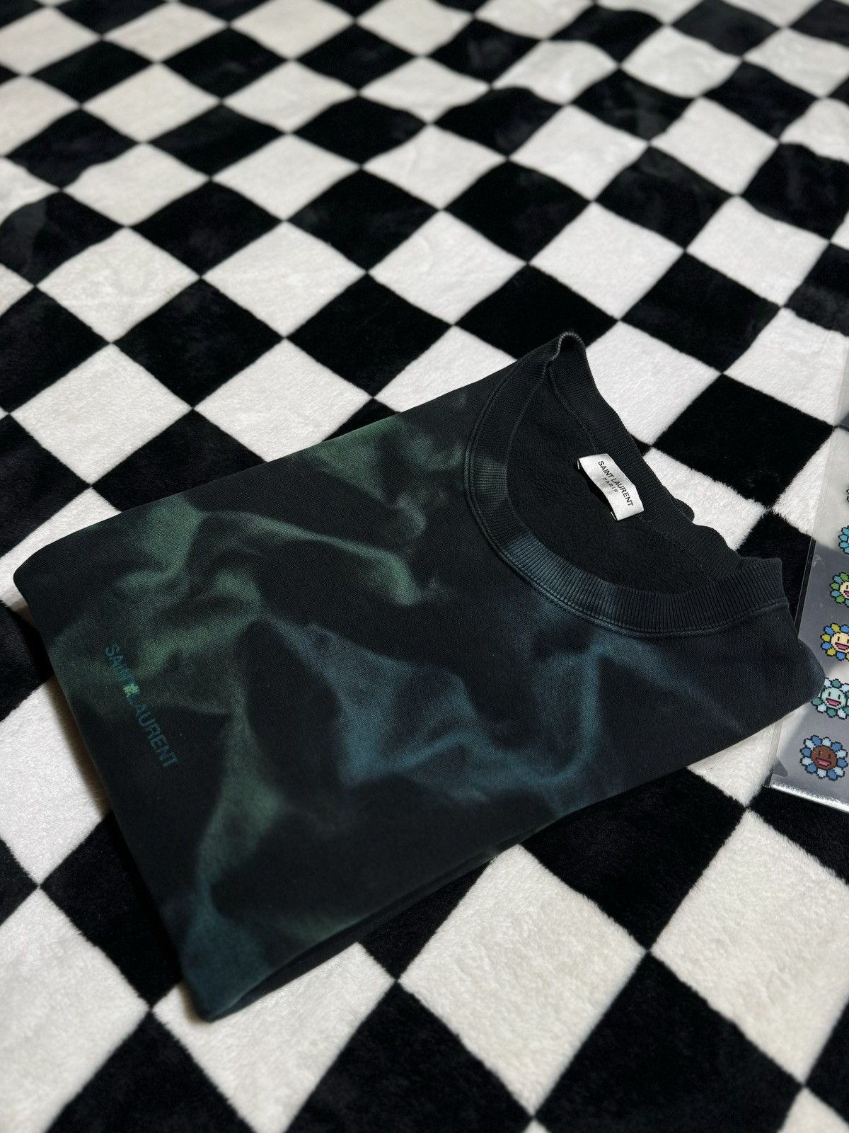 Saint Laurent Paris FW20 $736 GREEN BLUE LOGO SMOKE FOG SWEATER BLACK Size US XXL / EU 58 / 5 - 11 Thumbnail