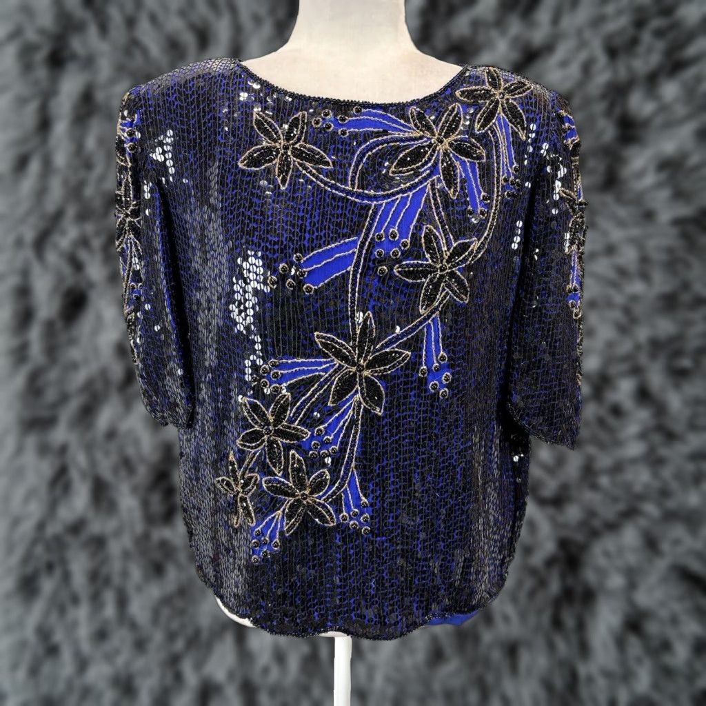 Vintage VINTAGE Scala Beaded Shirt Blouse Silk Floral Design Womens Large Blue Black Vintage 90s Party Formal Beaded Accent Size L / US 10 / IT 46 - 1 Thumbnail