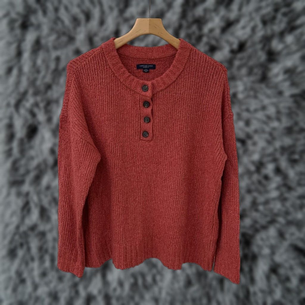 American Eagle Outfitters AMERICAN EAGLE Henley Sweater Medium Oversized Red Womens Size M / US 6-8 / IT 42-44 - 1 Thumbnail