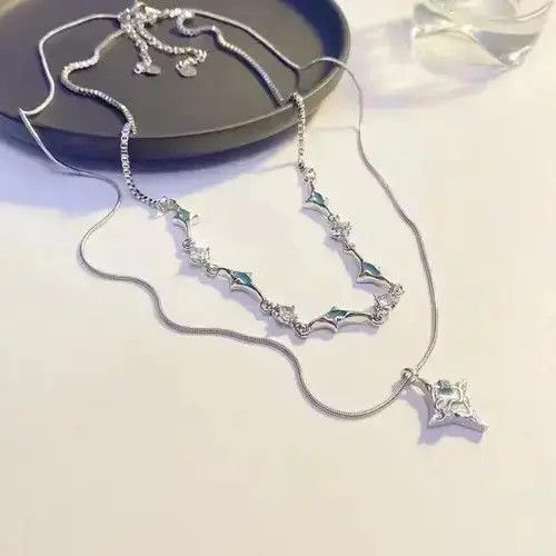 Japanese Brand Unisex Korean fashion star pendant double layer rhinestone Size ONE SIZE - 4 Thumbnail