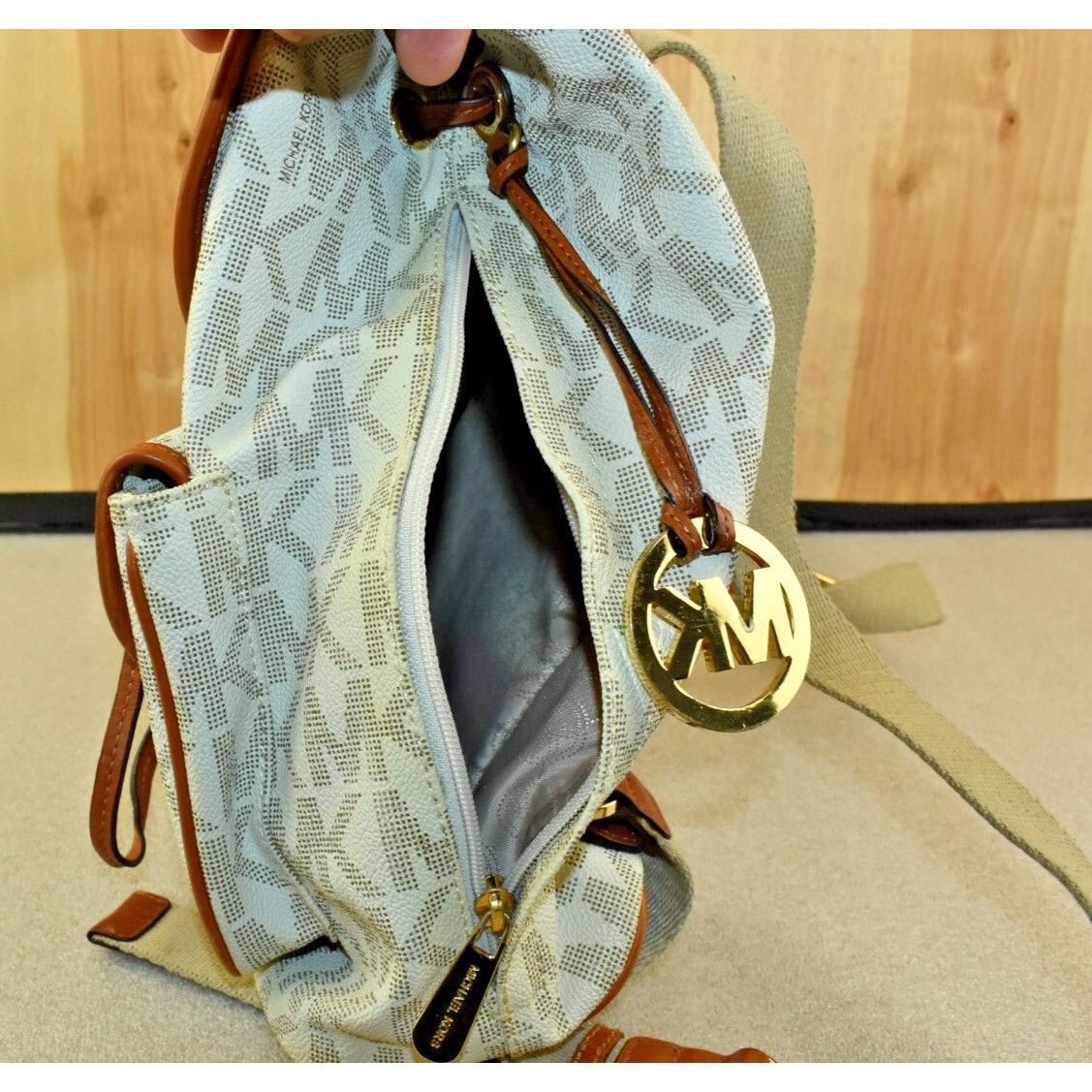 Michael Kors Michael Michael Kors Monogram Drawstrings Backpack Beige/Bro Size ONE SIZE - 6 Thumbnail