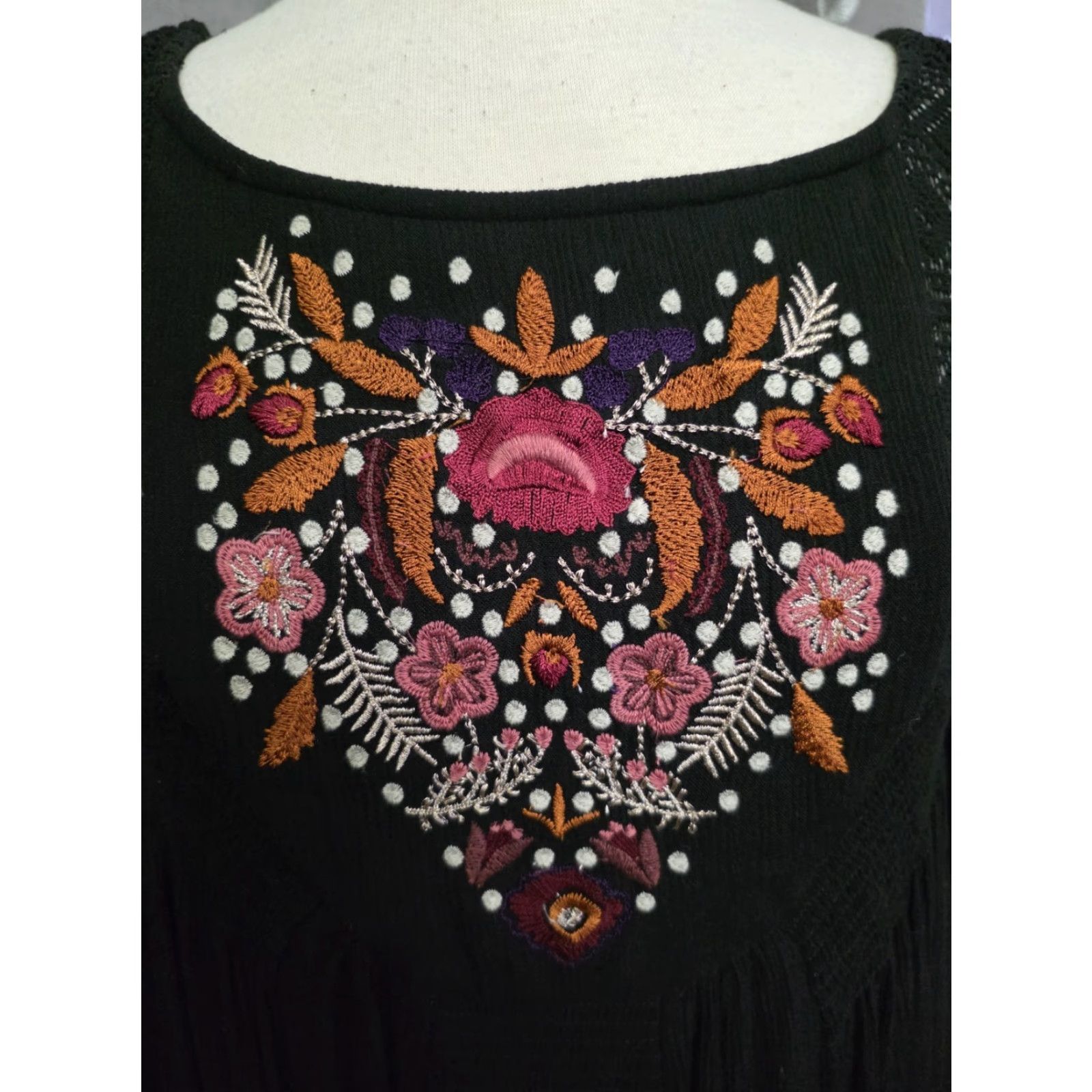 Free People Free People Mini Dress Black Embroidered Boho Peasant Womens Size S Long Balloon Sleeve Scoop Neck Size S / US 4 / IT 40 - 4 Thumbnail