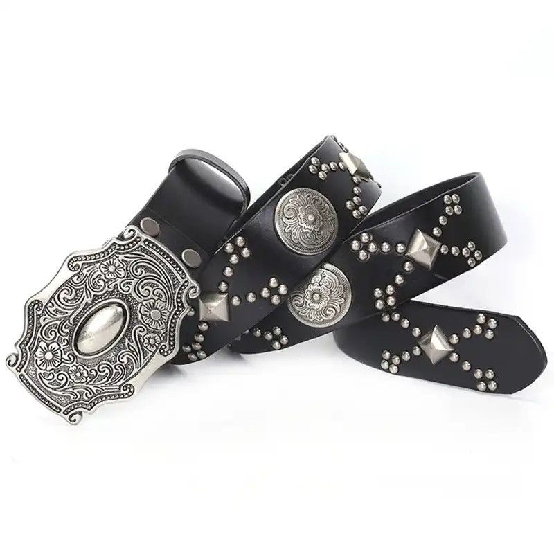 Leather × Vintage Jeans Punk Belt Cinturon Mujer Western Cowboy Strap Ceinture Size ONE SIZE - 1 Thumbnail
