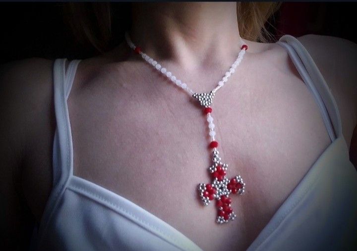 Handmade Necklace/Rosary White/Red Crystal. Cross Earrings Size ONE SIZE - 8 Thumbnail