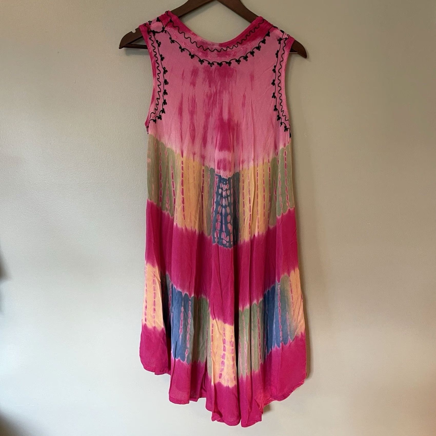 Pinko Ingear Dress One Size Pink Embroidered Tie-Dye Hippie A-Line Umbrella Dress Beach Light & Breezy Rayon Knee Length Women Linen? Size ONE SIZE - 6 Thumbnail