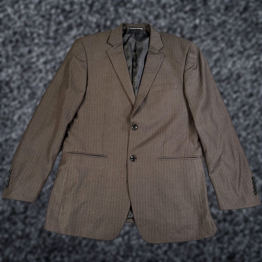 Giorgio Armani Giorgio Armani Blazer Sport Coat Men 52 Brown Pinstripe Two-Button Notch Lapel Wool Polyester Regular Suit Jacket Business Formal Wedding Size 52R - 1 Thumbnail
