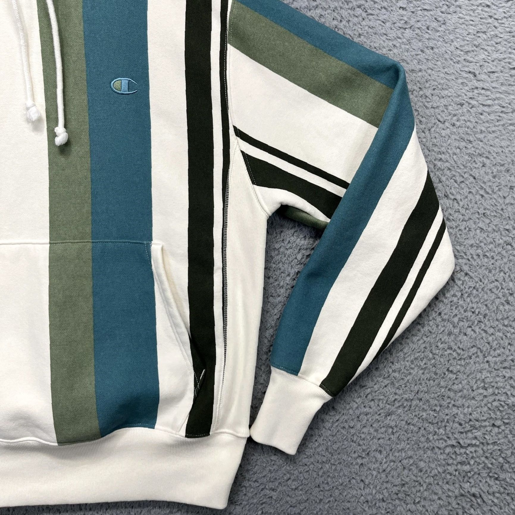 Champion Champion Reverse Weave Hoodie Mens Small Green Striped Pullover Heavyweight Size US S / EU 44-46 / 1 - 4 Thumbnail