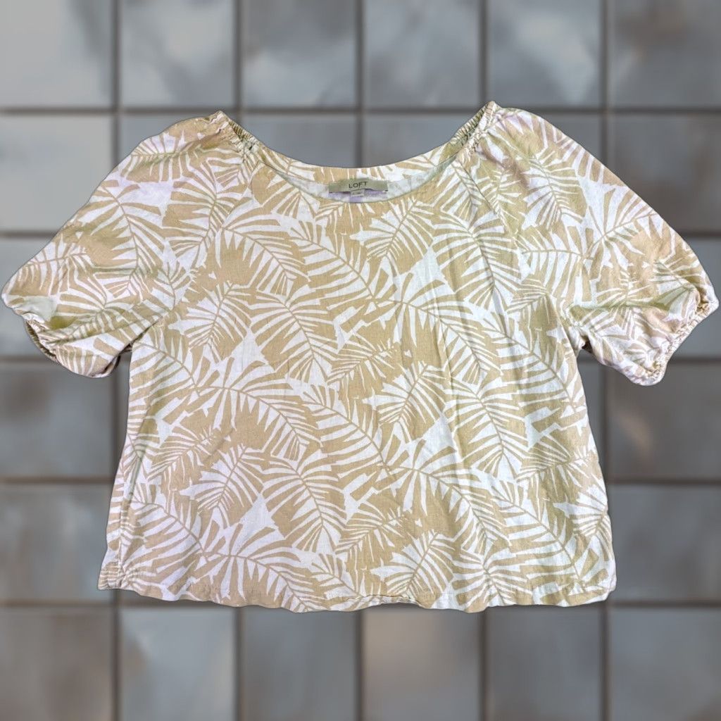 Loft LOFT Blouse Shirt Women's Large Linen Blend Palm Leaf Puff Sleeve Top Tan White Linen Blend Printed Floral Beach Vacation Casual 2-Pocket? Size L / US 10 / IT 46 - 1 Thumbnail