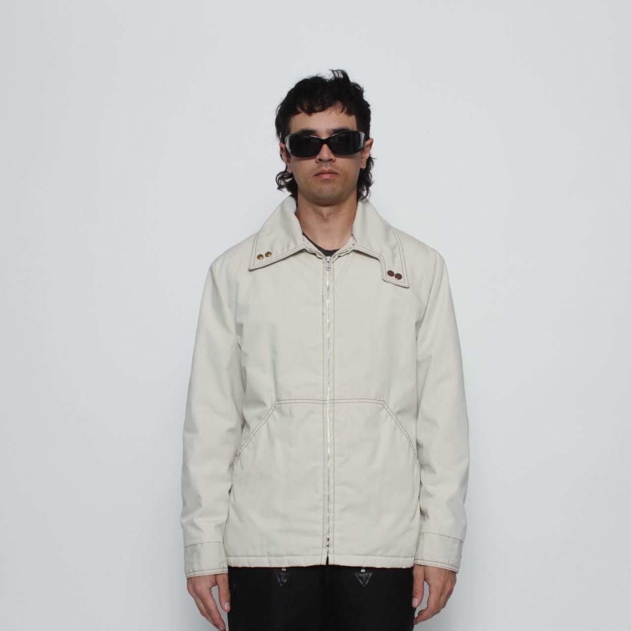 Vintage 70’S WHITE ZIP UP JACKET WITH BROWN CONTRAST STITCHING Size US L / EU 52-54 / 3 - 1 Thumbnail