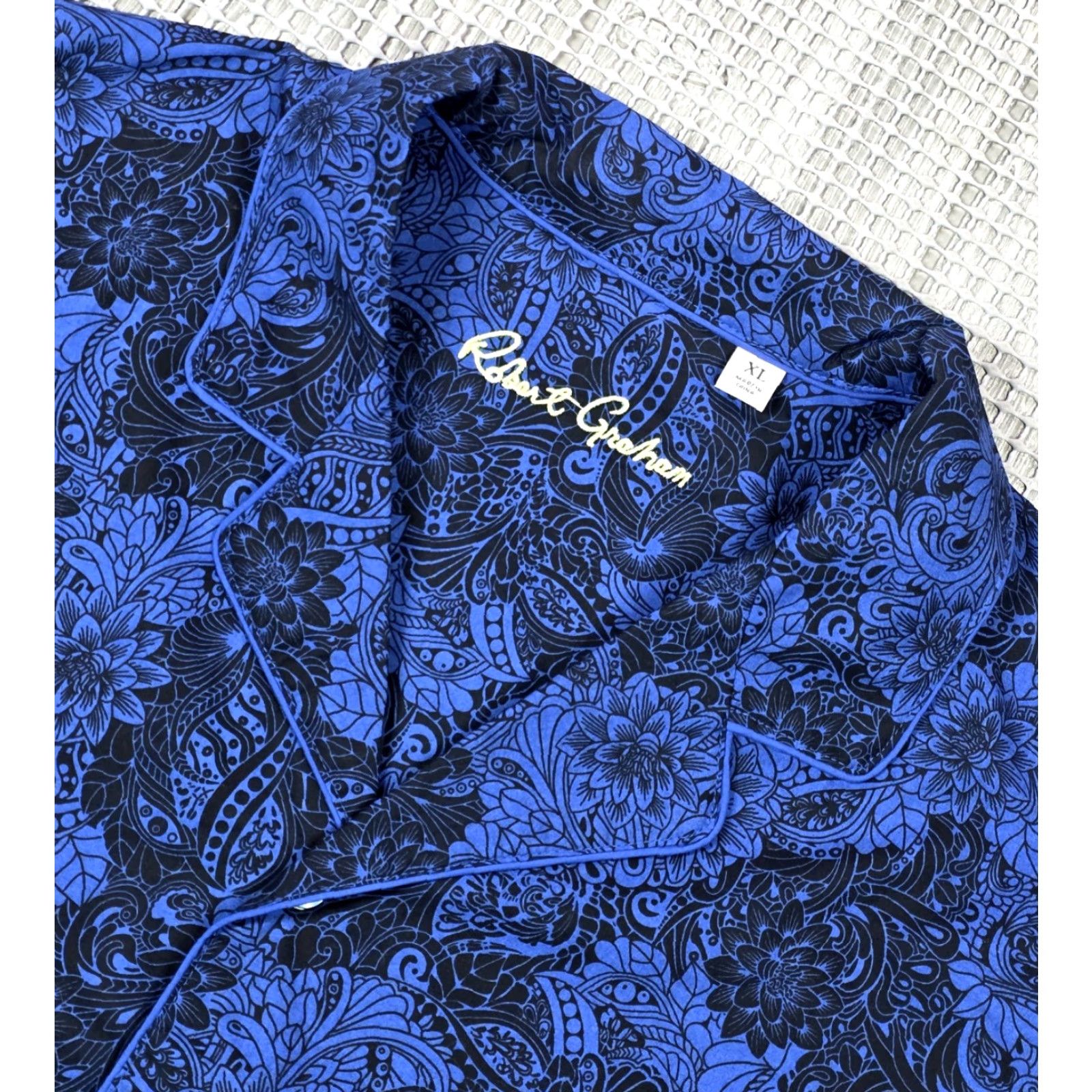 Robert Graham Robert Graham Pajama Top Shirt XL Cotton Button Up Royal Blue & Black Floral AOP Paisley Modern Sleepwear Men Size US XL / EU 56 / 4 - 5 Thumbnail